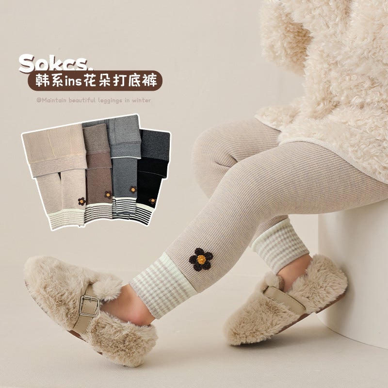 Girls' Fleece-Lined Thick Warm One-Piece Leggings Children'S Open Crotch Flower Pantyhose Baby - Image 5