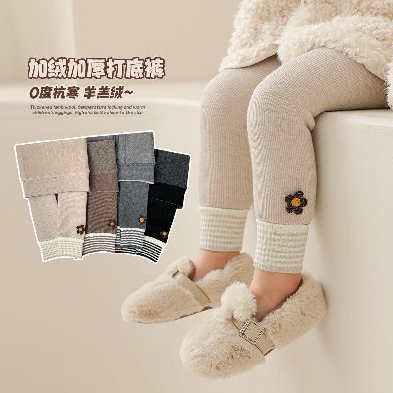 Girls' Fleece-Lined Thick Warm One-Piece Leggings Children'S Open Crotch Flower Pantyhose Baby - Image 2