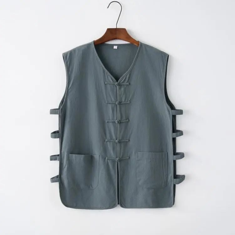 Summer Linen Sweatshirt Old Beijing Vest Northern Shaanxi Sweatshirt Mens Chinese Sleeveless Vest Waistband Buckle Chinese Style Wine red - Image 2