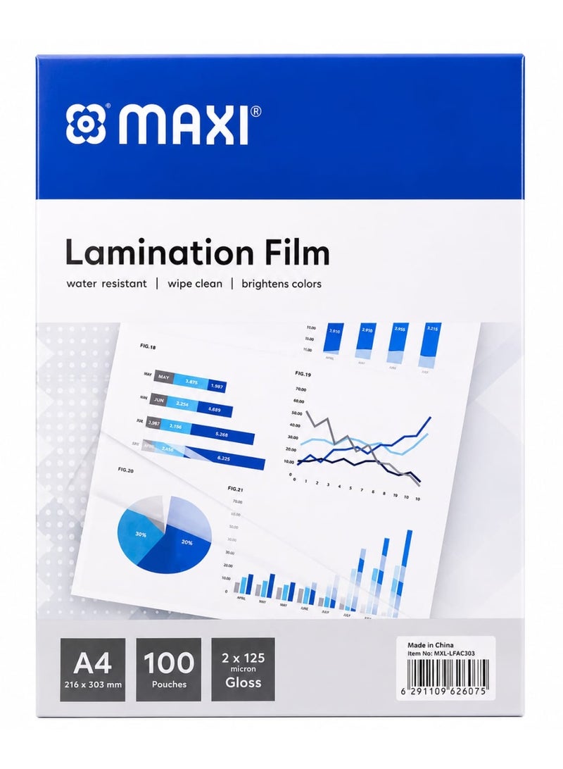 MAXI A4 LAMINATING POUCHES GLOSSY 125 MICRON, 100 Pouches Clear