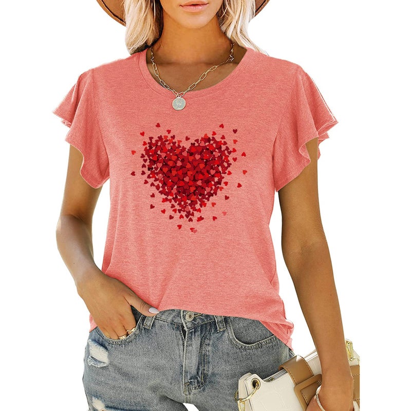 new women's red love printed round neck ruffled short sleeve loose top T-shirt - Image 1
