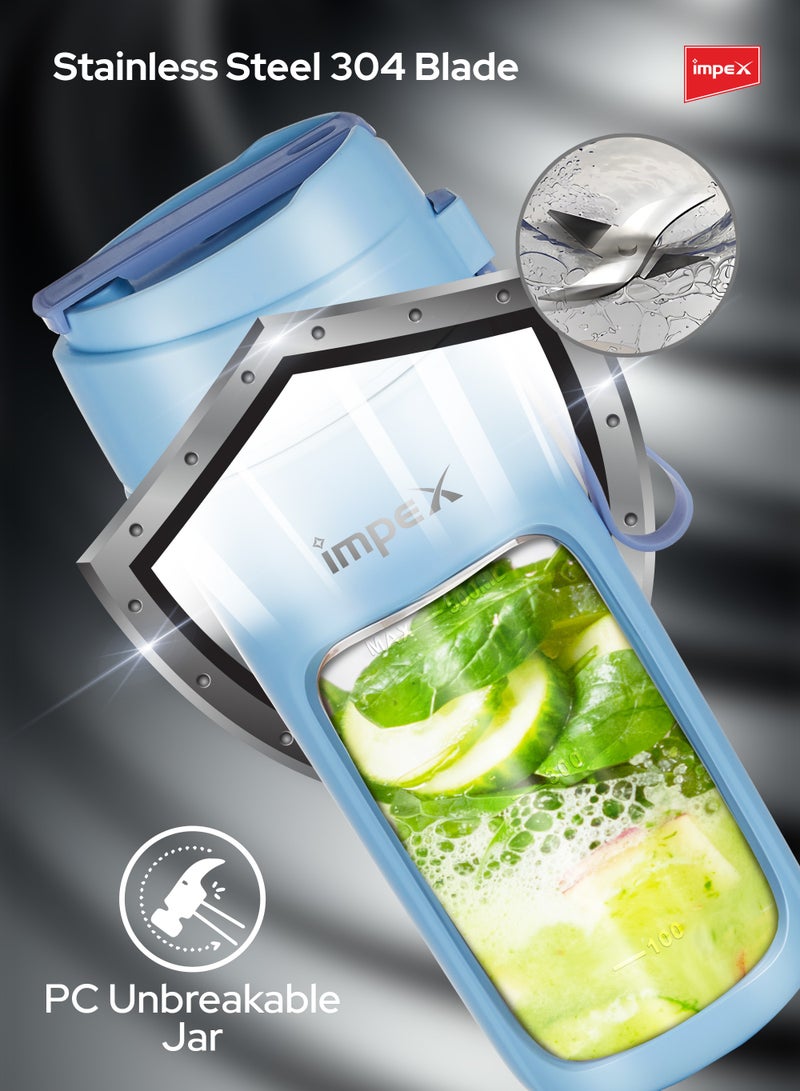 Impex Portable Blender, Type C Rechargeable Personal Size Juicer Blender, PC Unbreakable Jar, For Mixer for Fruits, Smoothies & Shakes And Crushing Ice 500 ml 50 W PBL 02 Blue - Image 4