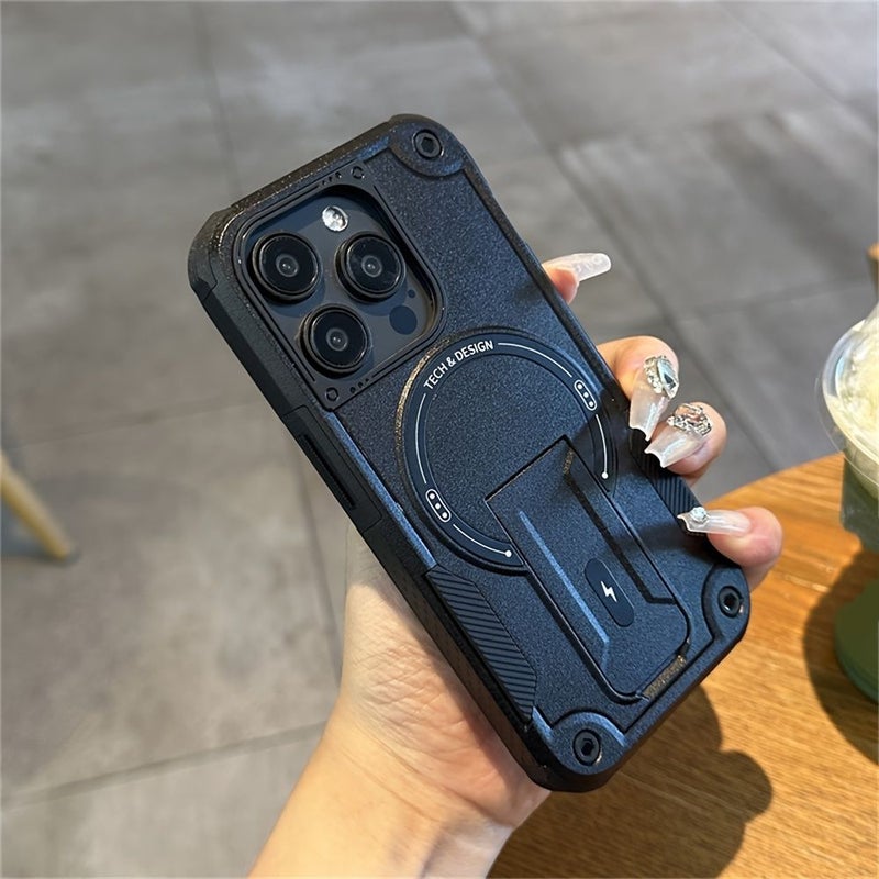 Heavy Duty Mechanical Armor Case with Magnetic Adsorption Anti Slip Design Hidden Stand Full Coverage Protection for iPhone 13 Pink - Image 2