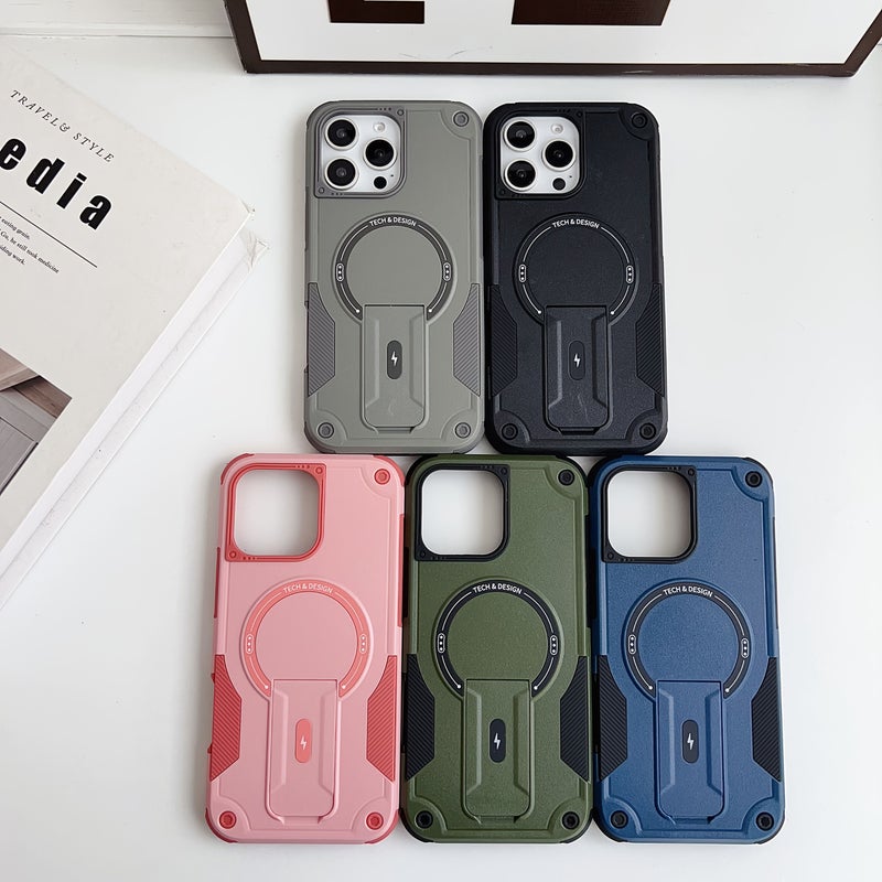 Heavy Duty Mechanical Armor Case with Magnetic Adsorption Anti Slip Design Hidden Stand Full Coverage Protection for iPhone 13 Pink - Image 3