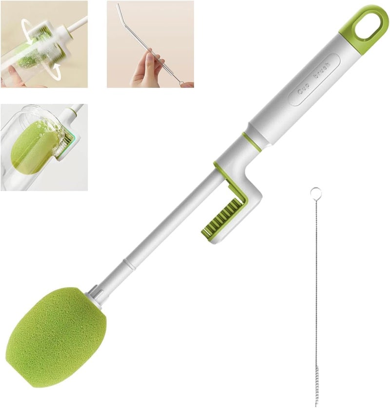 INKAJ Bottle Cup Cleaning Sponge Silicone Brush /3 in 1 Multipurpose Cleaner Tools-Long Handle for Thermos Lid Cup Cleaner Drinking Straw Brush Water Bottle/Tumbler/Glass/Mug/Drill (Pack of-1, Green) - Image 1