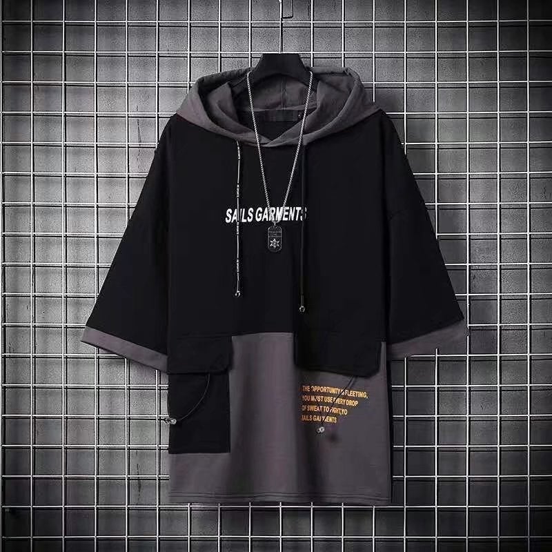 Summer Short Sleeve Hoodie Mens Thin Casual Sweatshirt Printed Color Block Pocket Black - Image 1