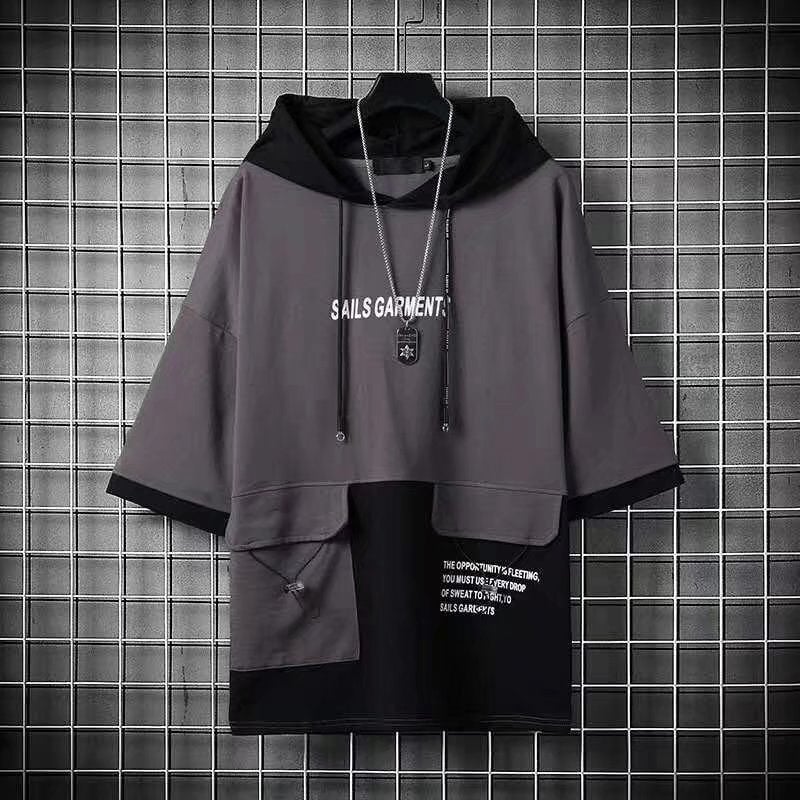 Summer Short Sleeve Hoodie Mens Thin Casual Sweatshirt Printed Color Block Pocket Black - Image 2