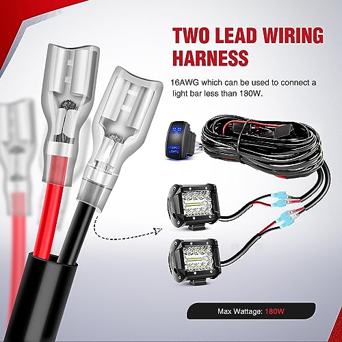 Nilight 16AWG LED POD Lights Wiring Harness Kit LED Light Bar 12V 5Pin Rocker Switch Laser On Off Waterproof Toggle Switch Power Relay Blade Fuse-2 Leads, 2 Years Warranty, Black - Image 4