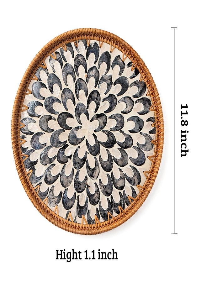 Aayoruro Round Rattan Ottoman Tray with Mother of Pearl Inlay Decorative Woven Serving Tray with Wooden Base, Elegant Wicker Tray for Bathroom Kitchen Table Decor - Image 3
