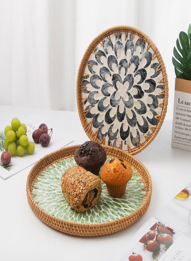 Aayoruro Round Rattan Ottoman Tray with Mother of Pearl Inlay Decorative Woven Serving Tray with Wooden Base, Elegant Wicker Tray for Bathroom Kitchen Table Decor - Image 5