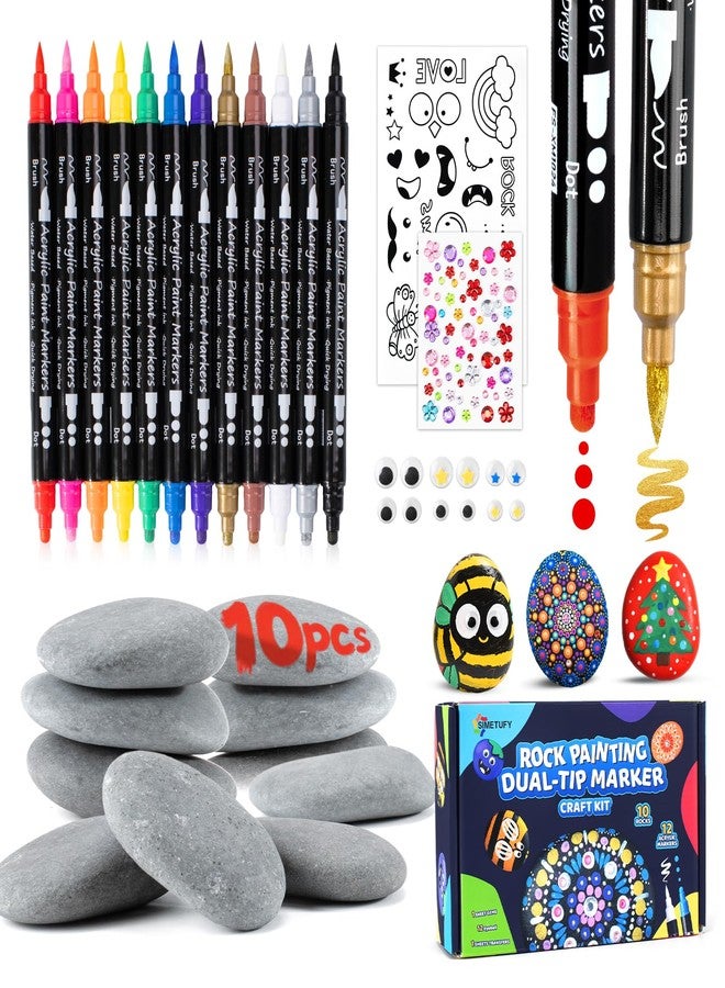 Simetufy Rock Painting Kit for Kids, 10 Pcs 2-3inch Rocks & 12 Colors Dual-Tip Acrylic Paint Markers, Arts & Crafts Gifts for Boys and Girls Ages 6+, Craft Activities Kits - Image 1