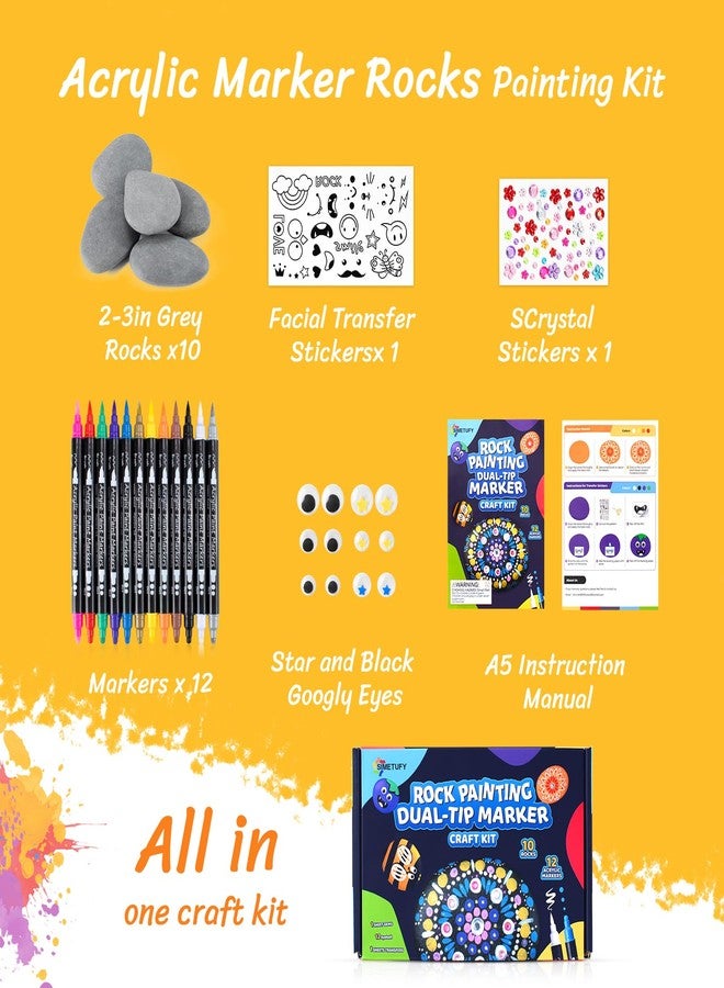 Simetufy Rock Painting Kit for Kids, 10 Pcs 2-3inch Rocks & 12 Colors Dual-Tip Acrylic Paint Markers, Arts & Crafts Gifts for Boys and Girls Ages 6+, Craft Activities Kits - Image 3