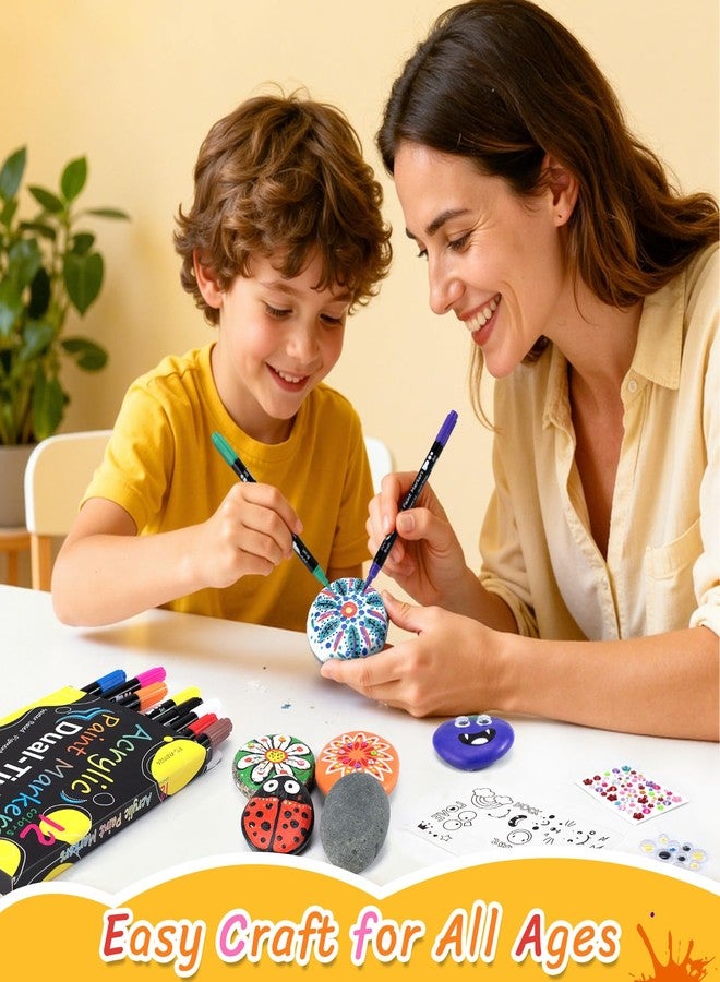 Simetufy Rock Painting Kit for Kids, 10 Pcs 2-3inch Rocks & 12 Colors Dual-Tip Acrylic Paint Markers, Arts & Crafts Gifts for Boys and Girls Ages 6+, Craft Activities Kits - Image 4