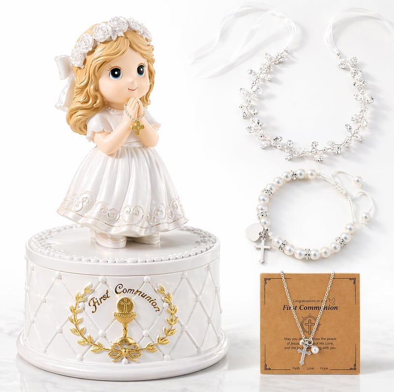 Gleemoria First Communion Gifts for Girls- First Holy Girl Figurine with Keepsake Box & Flower Girl Headpiece & Cross Necklace & Cross Bracelet Included, 1st Communion Gifts for Girls - Image 1