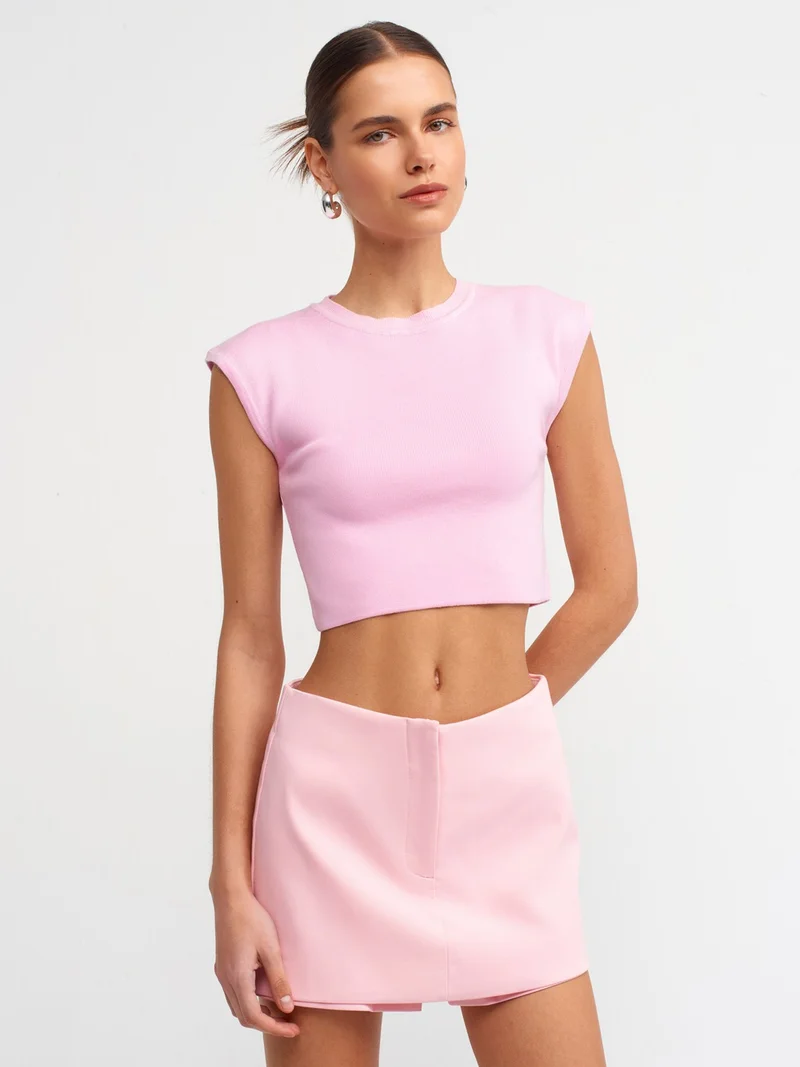 Dilvin 10525 Crew Neck Short Sleeve Knitwear Top-Pink