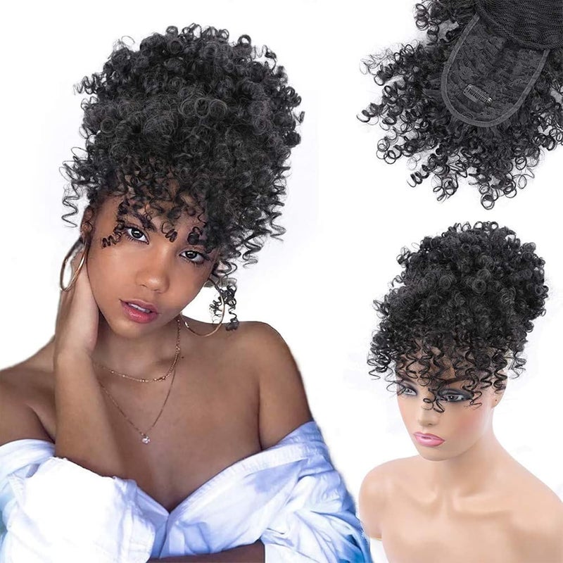 ENTRANCED STYLES Drawstring Ponytail with Bangs Afro Puff Ponytail Extensions for Women Short Curly Puff Ponytail with Bangs Clip in Wrap Updo Hairpiece for Women1B
