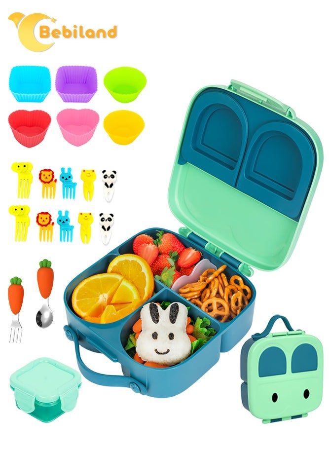 Bebiland Kids Bento Lunch Box Set with Cake Cups, Food Forks, 4 Compartment and Removable Divider, Leak-Proof Toddler Lunch Box Containers, Easy to Clean (Green)  - Image 1