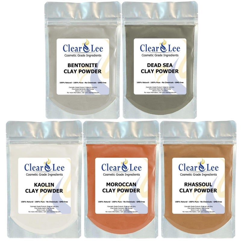 ClearLee Cosmetic Grade Clay Powders Variety Pack Kaolin Bentonite Dead Sea Moroccan Rhassoul Clay 5 Pack 100 Pure Natural Powder Great for Sampling and Discovering Best Clay for Skin