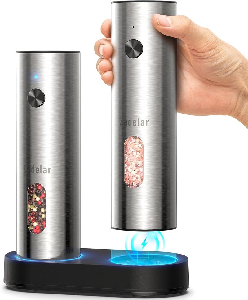 Zadelar Salt and Pepper Grinder Set Electric,Rechargeable Salt and Pepper Shakers Stainless Steel with USB C Dual Charging Base,Upgraded Large Capacity,Adjustable Coarseness,LED Light,Ideal for Mom - Image 1