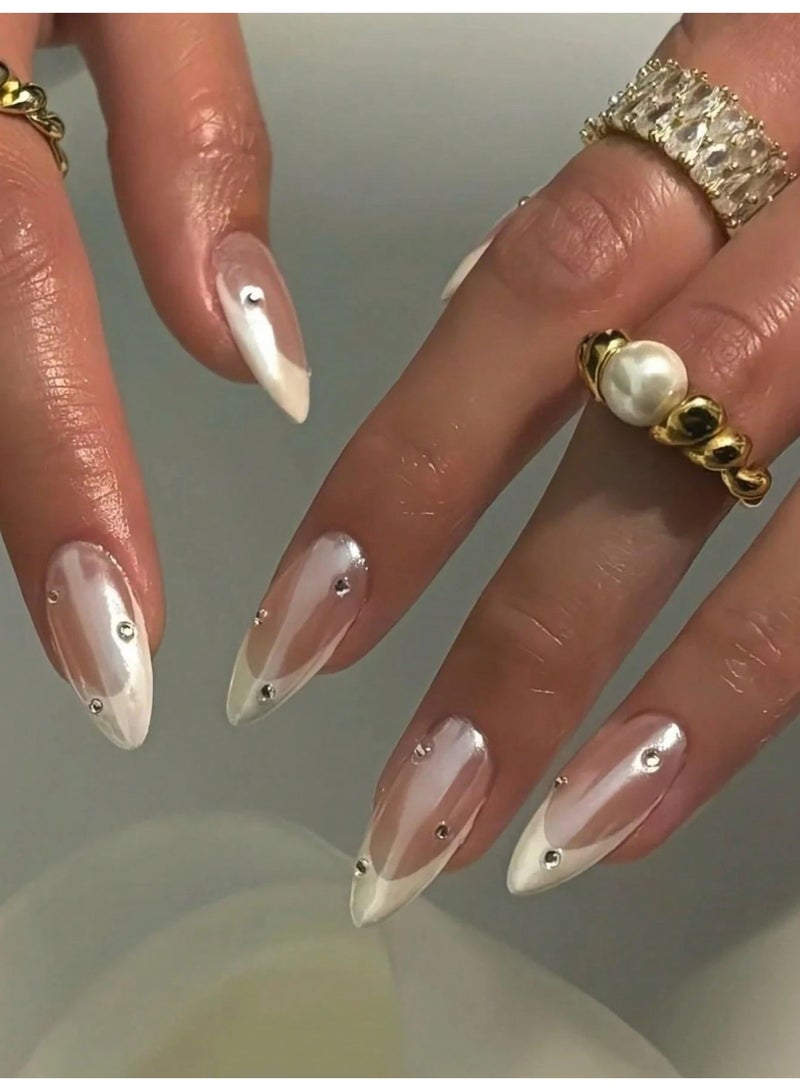 10 Pcs Long Pearl White Press On Nails with Crystal Design - Image 1