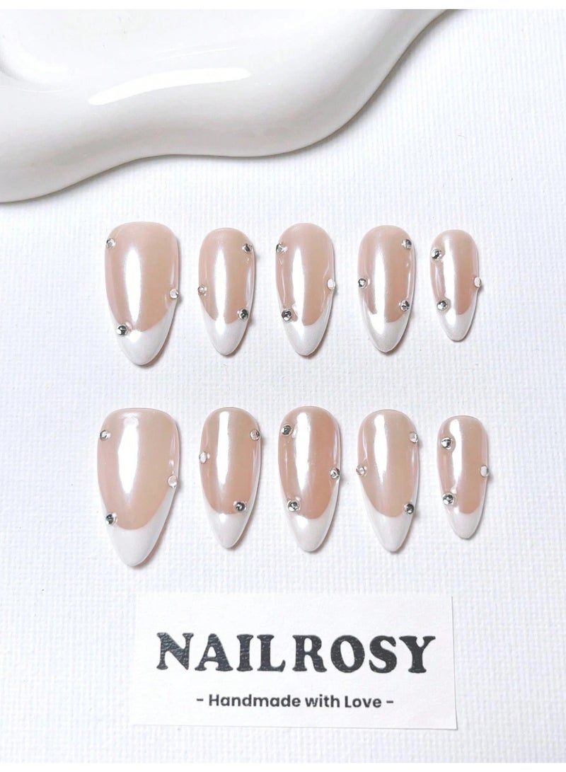 10 Pcs Long Pearl White Press On Nails with Crystal Design - Image 2