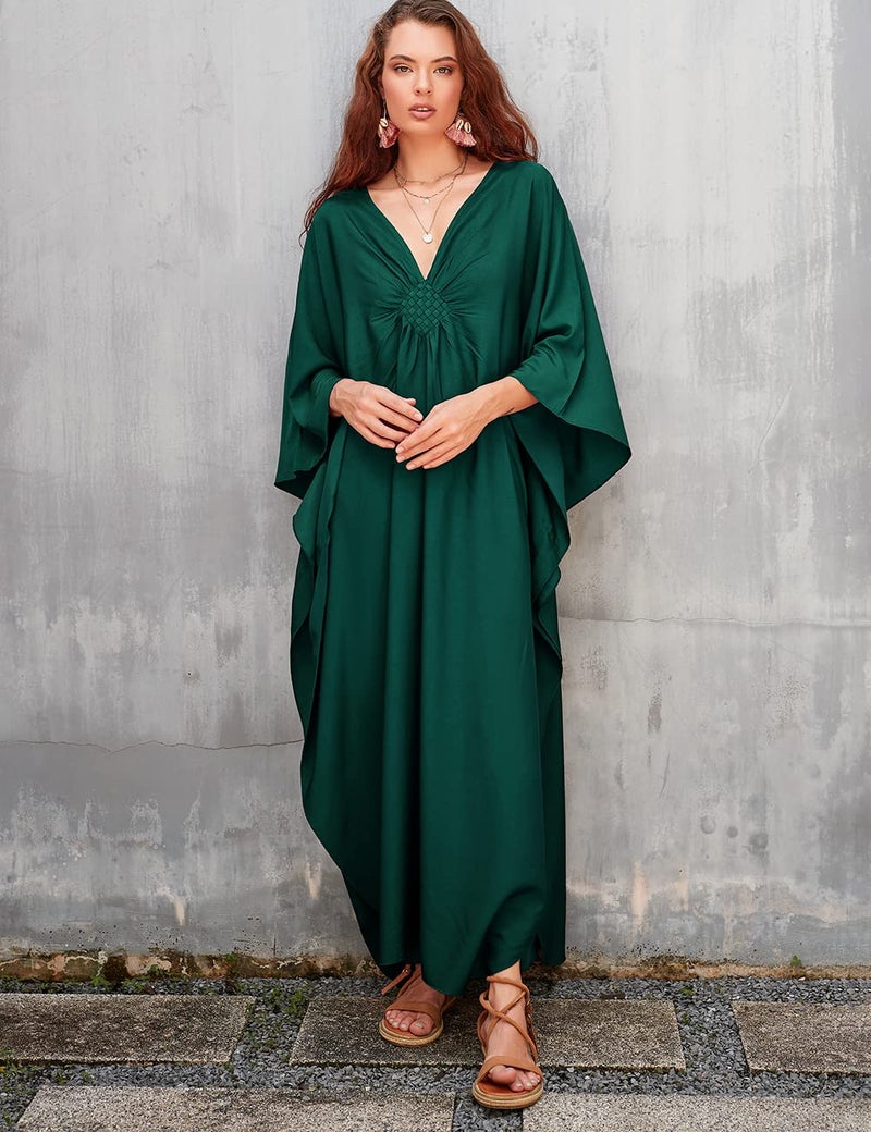 Bsubseach Women Casual Kaftan Dress Batwing Sleeve Plus Size Swimsuit Cover Up Maxi Caftan Dresses Dark Green - Image 2