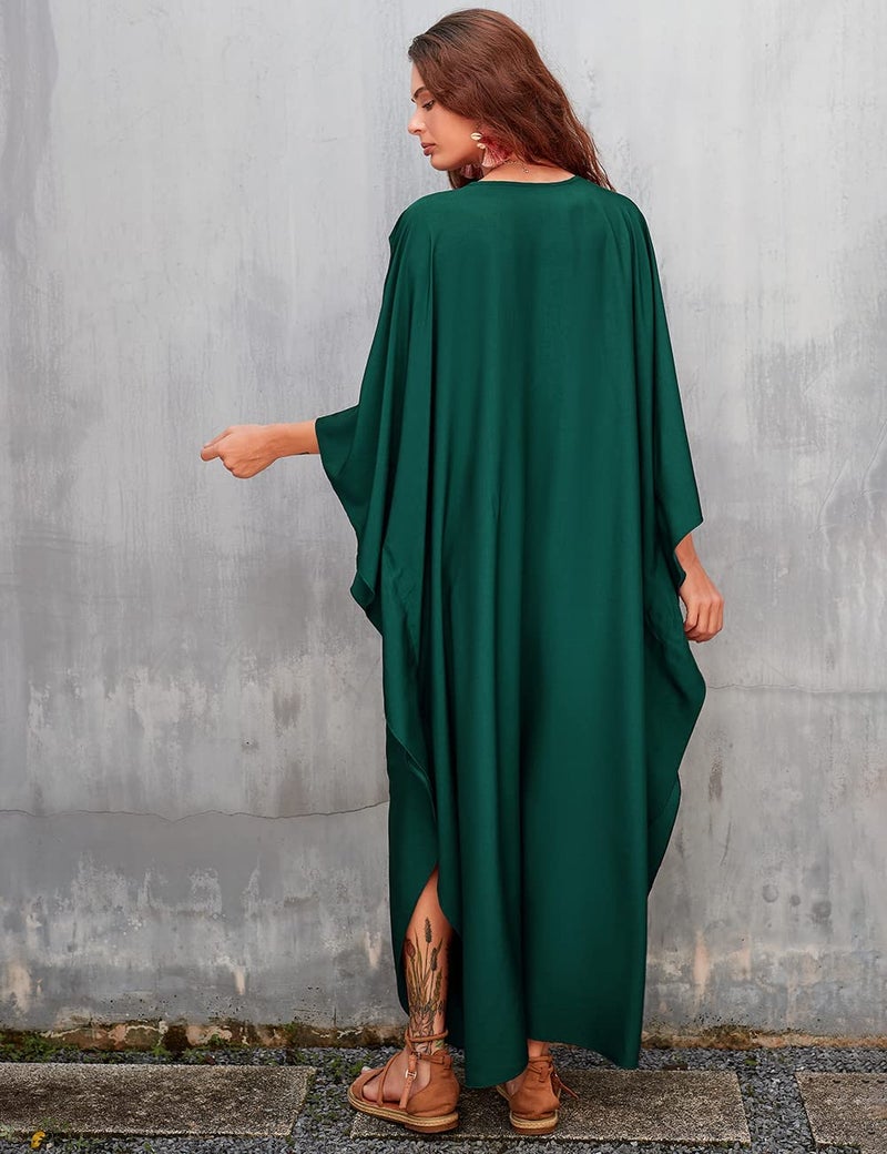 Bsubseach Women Casual Kaftan Dress Batwing Sleeve Plus Size Swimsuit Cover Up Maxi Caftan Dresses Dark Green - Image 5