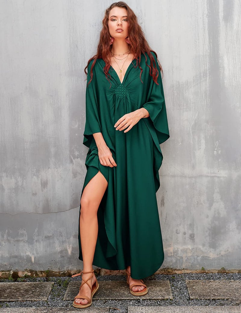 Bsubseach Women Casual Kaftan Dress Batwing Sleeve Plus Size Swimsuit Cover Up Maxi Caftan Dresses Dark Green - Image 3