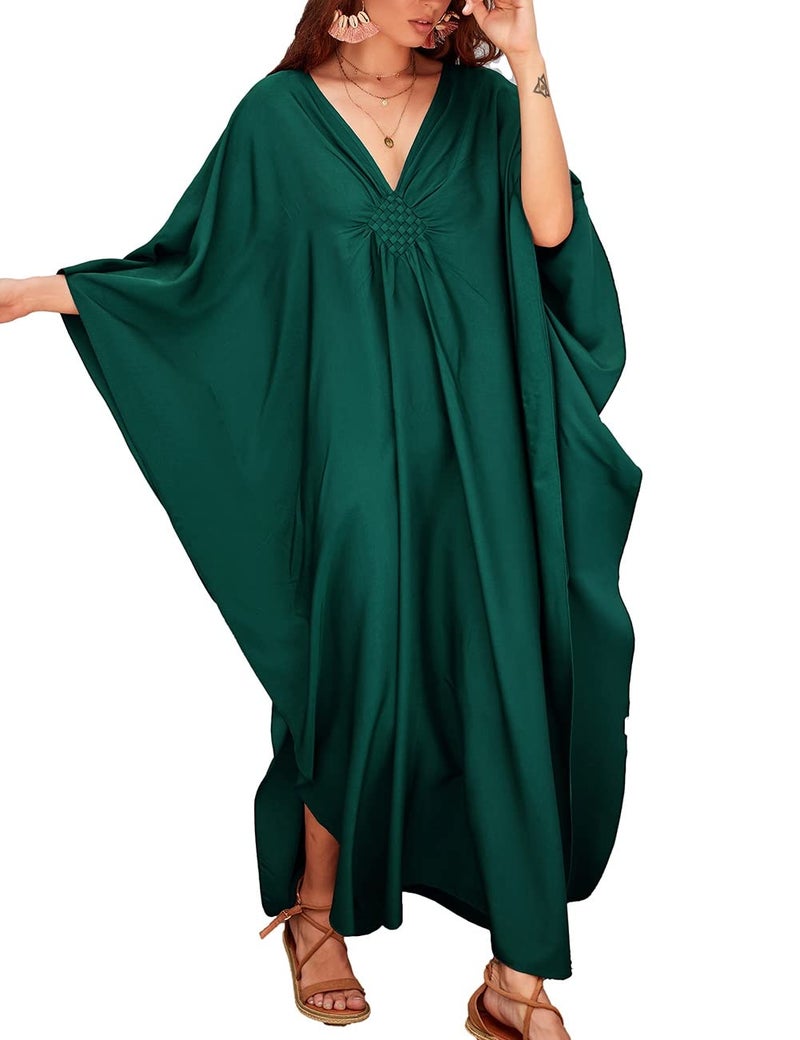 Bsubseach Women Casual Kaftan Dress Batwing Sleeve Plus Size Swimsuit Cover Up Maxi Caftan Dresses Dark Green - Image 1
