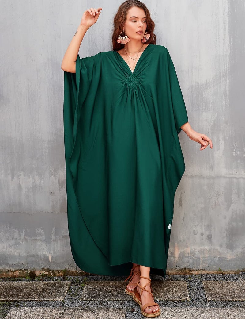 Bsubseach Women Casual Kaftan Dress Batwing Sleeve Plus Size Swimsuit Cover Up Maxi Caftan Dresses Dark Green - Image 4