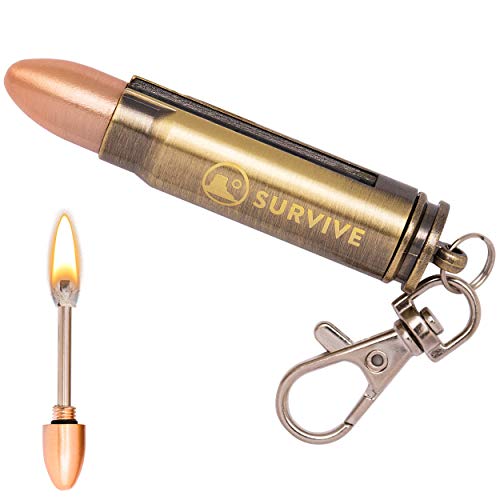 SURVIVE Permanent Match Bullet Metal Keychain Quick Clip, Reusable Survival Fire Starter Striker Lighter, Emergency Waterproof Strike Anywhere Stick Kit - Image 1