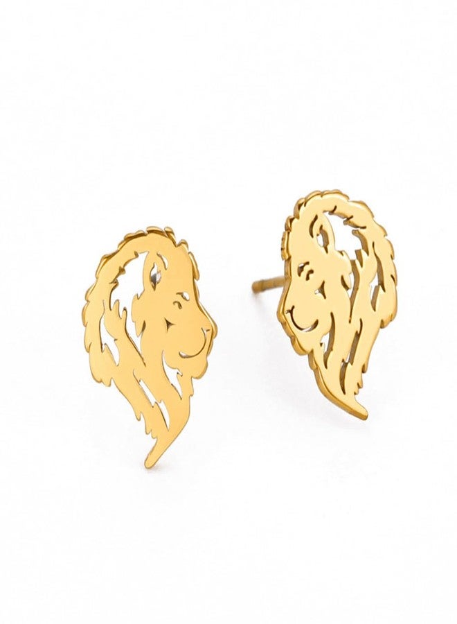 OIDIMS Punk Crown Lion Head Stud Earrings Stainless Steel Tiny Cute Small Animal Minimalist Hollow Pierced Studs Holiday Vacation Earring Gothic Jewelry Gifts for Women Men Hypoallergenic Birthday (Gold-Tone) - Image 1