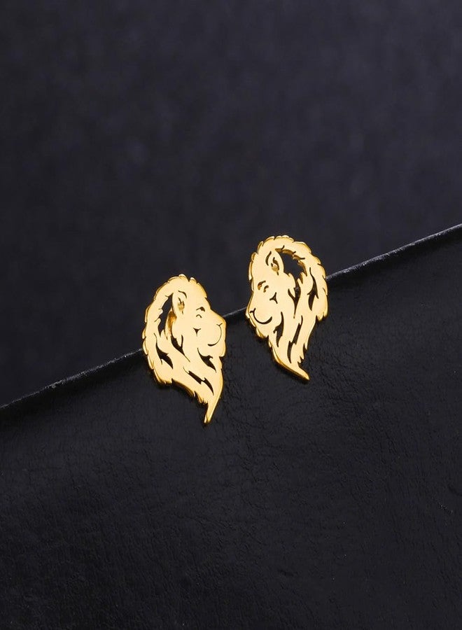 OIDIMS Punk Crown Lion Head Stud Earrings Stainless Steel Tiny Cute Small Animal Minimalist Hollow Pierced Studs Holiday Vacation Earring Gothic Jewelry Gifts for Women Men Hypoallergenic Birthday (Gold-Tone) - Image 4