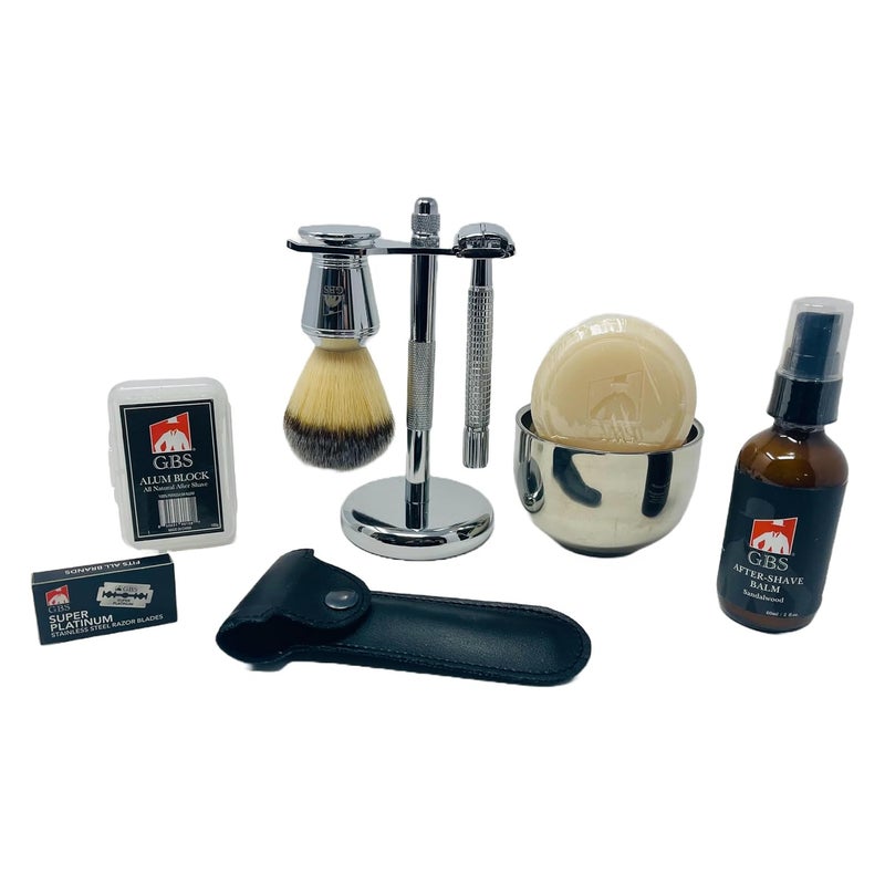 GBS Shaving Gift Set Long Handle Double Edge Safety Razor Alum Aftershave Block Chrome Bowl with Natural Shave Soap Shaving Brush Grooming Kit for Men