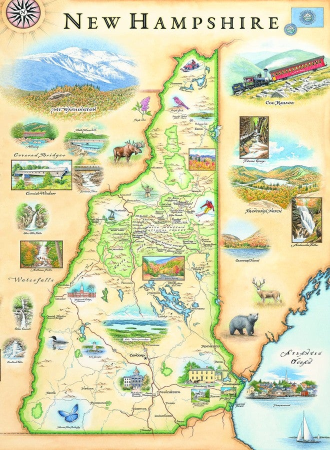 Xplorer Maps New Hampshire Hand-Drawn Map - 24x18 Vintage-Style Lithographic Print - Made in USA - Image 1