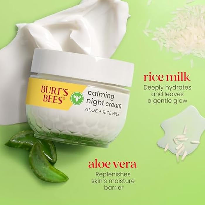 Burt's Bees Calming Night Cream With Aloe and Rice Milk, Face Moisturizer For Sensitive Skin Infuses Skin With Moisture While You Sleep, 98.8 Percent Natural Origin Skin Care, 1.8 oz. Tub - Image 4