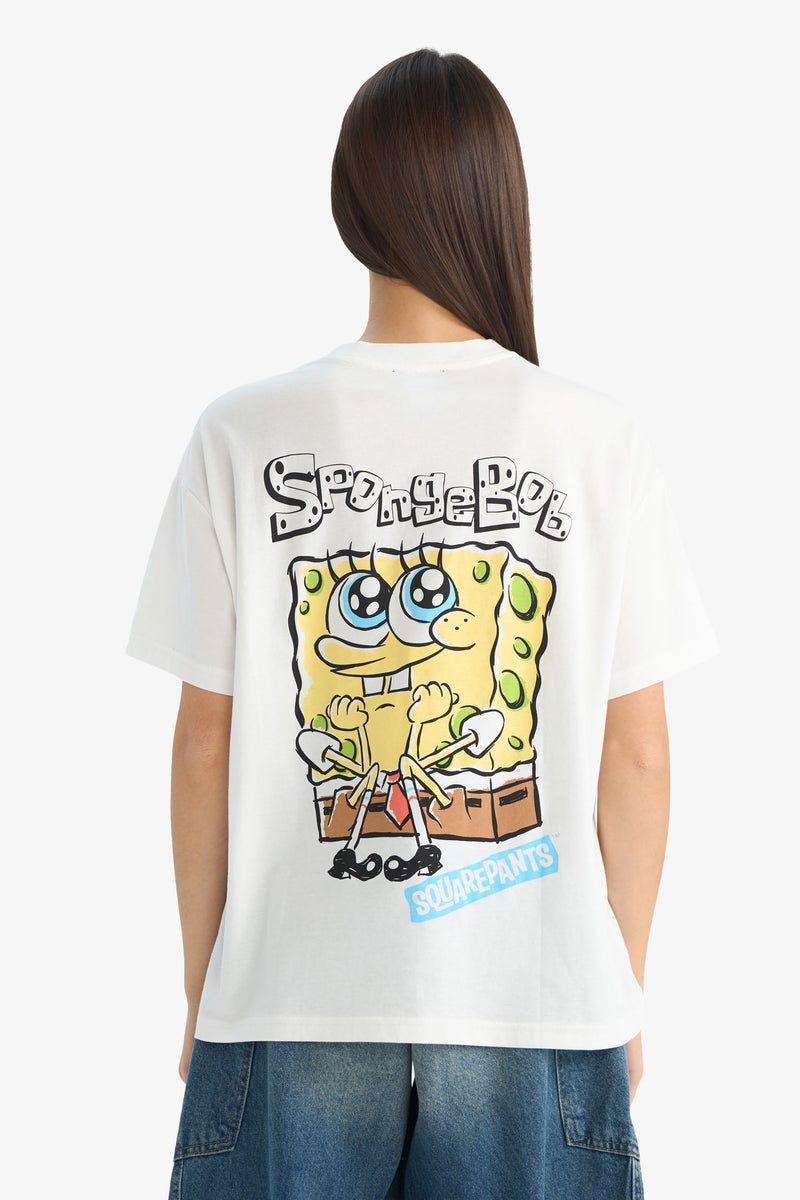 DeFacto White Woman SpongeBob Oversize Fit Printed Short Sleeve T-Shirt Casual - Image 5
