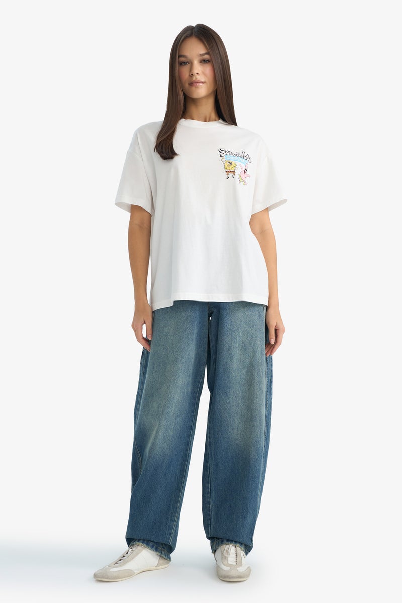 DeFacto White Woman SpongeBob Oversize Fit Printed Short Sleeve T-Shirt Casual - Image 2