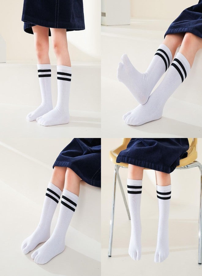 بورسيو ستار جوارب Pursuestar القطنية ذات إصبعين بتصميم تابي مقسوم على شكل حرف V، جوارب رياضية طويلة مخططة تصل إلى منتصف الساق، مناسبة للأطفال من عمر سنتين إلى 12 سنة. - Image 3