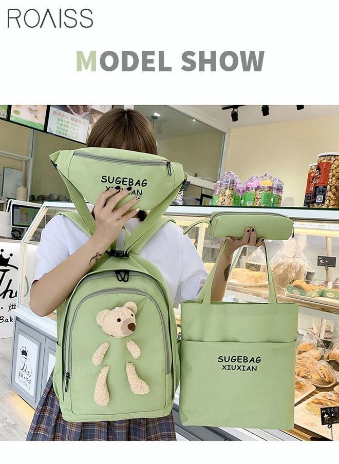 NIBEMINENT - 4 Pcs Casual Doll Backpack Set Cute Bear Sweet Large Capacity Canvas Schoolbag Crossbody Sling Bag Totes Pencil Case for Kids Girls Middle School Students Green - Image 1