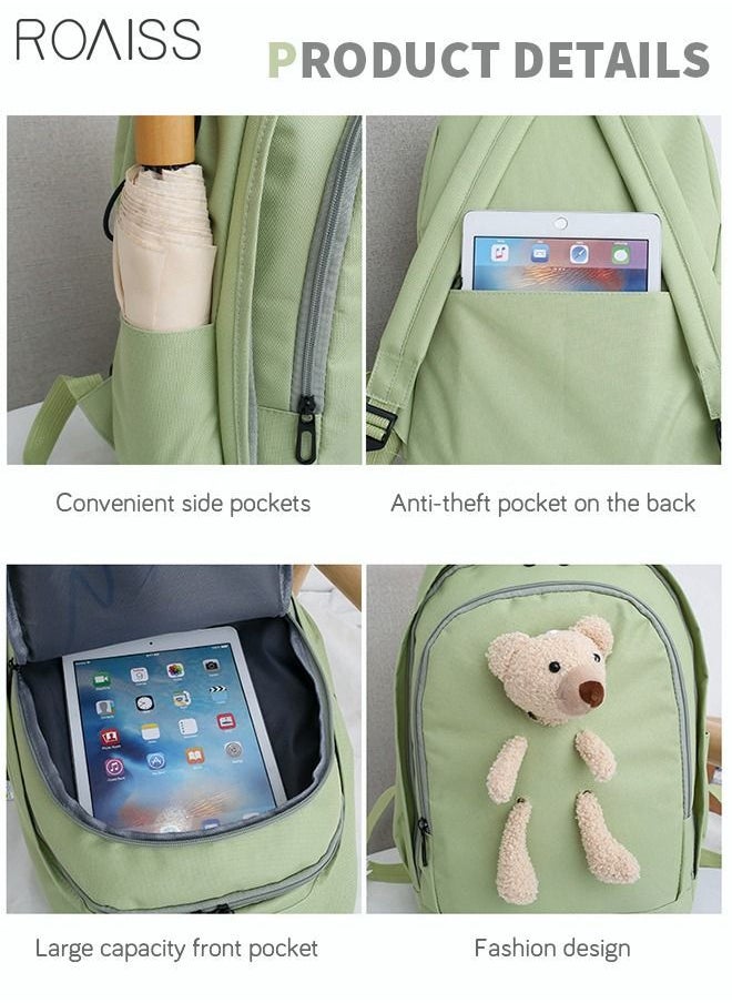 NIBEMINENT - 4 Pcs Casual Doll Backpack Set Cute Bear Sweet Large Capacity Canvas Schoolbag Crossbody Sling Bag Totes Pencil Case for Kids Girls Middle School Students Green - Image 1