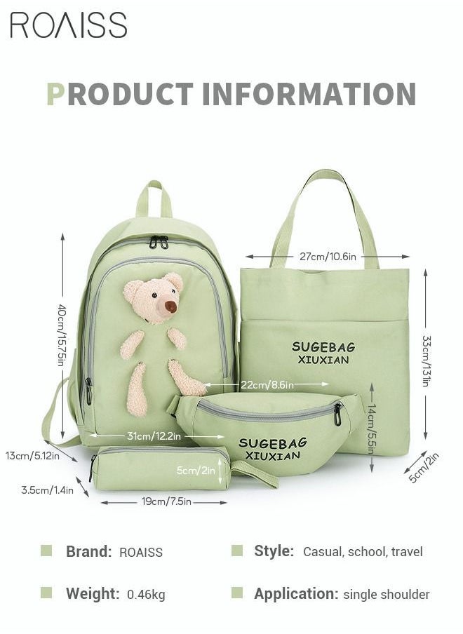 NIBEMINENT - 4 Pcs Casual Doll Backpack Set Cute Bear Sweet Large Capacity Canvas Schoolbag Crossbody Sling Bag Totes Pencil Case for Kids Girls Middle School Students Green - Image 1