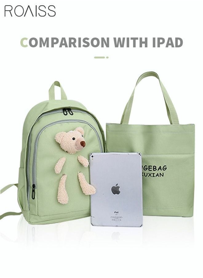 NIBEMINENT - 4 Pcs Casual Doll Backpack Set Cute Bear Sweet Large Capacity Canvas Schoolbag Crossbody Sling Bag Totes Pencil Case for Kids Girls Middle School Students Green - Image 1