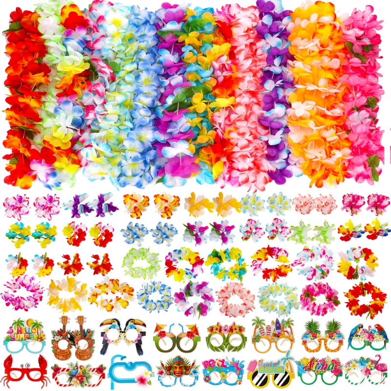 Atonofun 80 PCS Leis for Luau Party Decorations Hawaiian Leis Bulk Luau Party Glasses Colorful Bracelets Flower Headbands for Adults Tropical Birthday Summer Beach Luau Party Favors Supplies - Image 2