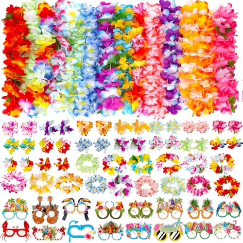 Atonofun 80 PCS Leis for Luau Party Decorations Hawaiian Leis Bulk Luau Party Glasses Colorful Bracelets Flower Headbands for Adults Tropical Birthday Summer Beach Luau Party Favors Supplies - Image 1