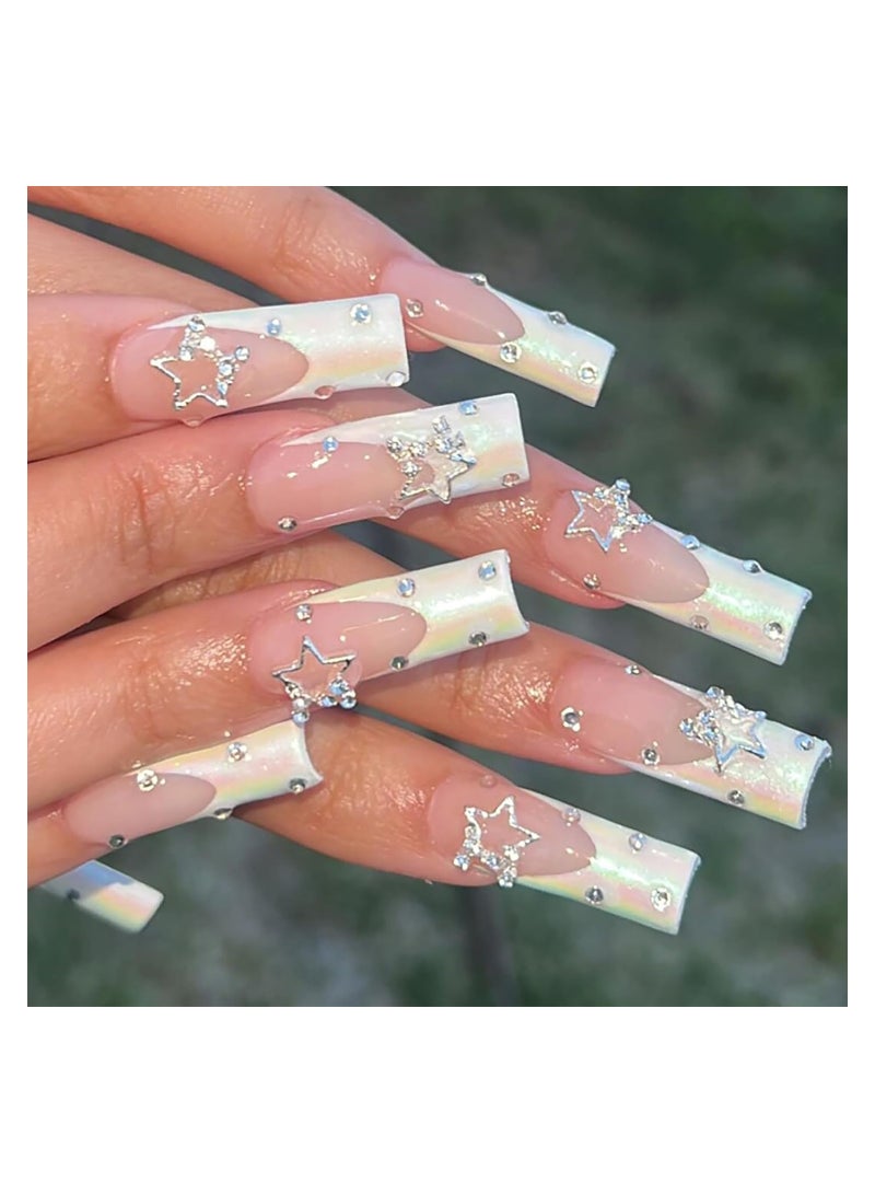 SOLARAE 24Pcs French Tip Press on Nails Long Square Fake Nails White Nail Tip Acrylic Nails Rhinestone False Nails with Star Design Full Cover Artificial Nails Glossy Pink Glue Stick on Nails - Image 1