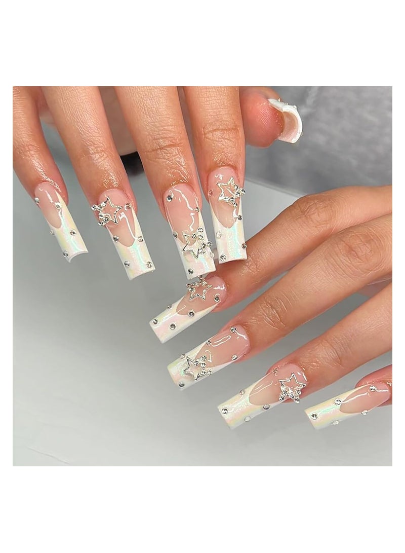 SOLARAE 24Pcs French Tip Press on Nails Long Square Fake Nails White Nail Tip Acrylic Nails Rhinestone False Nails with Star Design Full Cover Artificial Nails Glossy Pink Glue Stick on Nails - Image 2