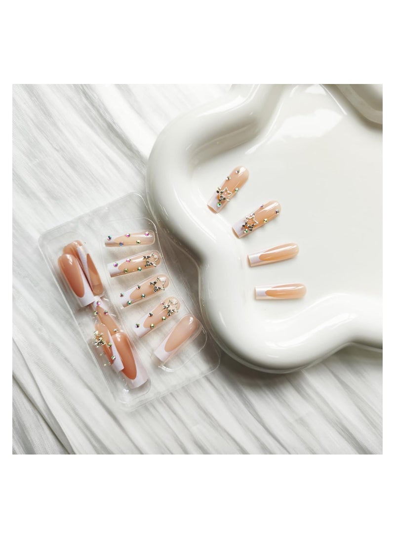 SOLARAE 24Pcs French Tip Press on Nails Long Square Fake Nails White Nail Tip Acrylic Nails Rhinestone False Nails with Star Design Full Cover Artificial Nails Glossy Pink Glue Stick on Nails - Image 5