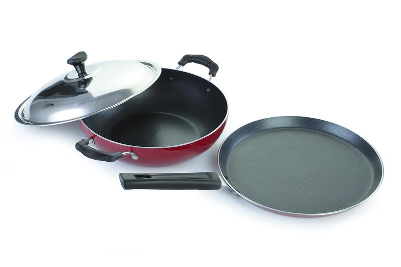 Crystal Vivid Series Induction Bottom Non-Stick Cookware Set, 2 Pcs, Maroon | Tawa 250 mm | Kadai 240 mm with Steel Lid | 2.6 mm thickness| 3 layer Non stick Coating | Metal Spoon Friendly | PFOA Free - Image 1