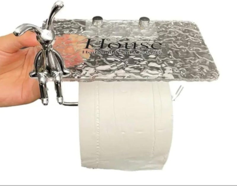 House Decorative Toilet Paper Holder with Shelf, Clear Acrylic Wavy Pattern, Chrome Rabbit Figure, Wall Mount Bathroom Tissue Roll Dispenser with Storage Tray